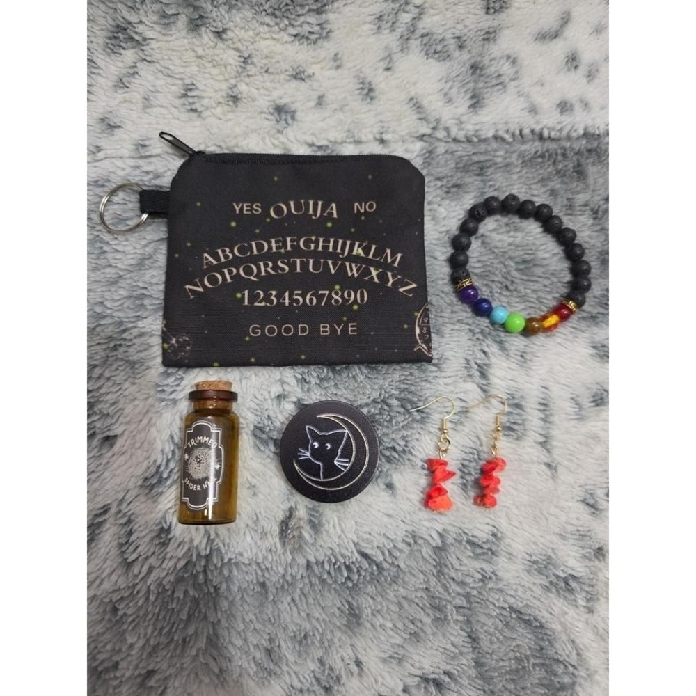 Mystical Gothic Accessory Bundle Ouija Coin Purse Chakra Bracelet Spider Jar Cat